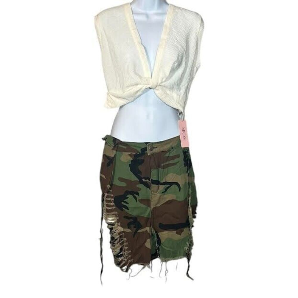 Micas Top Women's XL Beige Twist Knot Plunging V-Neck Crop Tank Sheer Te…